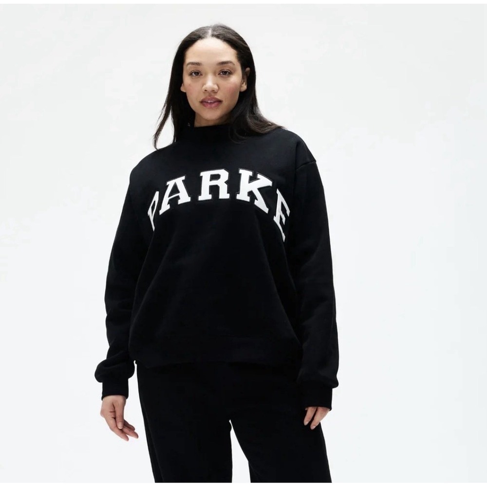NWT PARKE Fleece Varsity Mockneck Crewneck Black Relaxed Unisex XXL 2XL